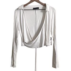 NWT Fashion to Figure Plus Size White Ribbed Long Sleeve Crop Wrap Blouse Top